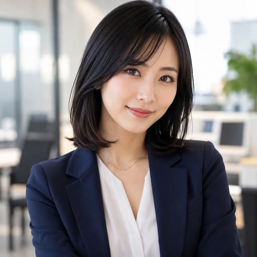 卯月 奈津。紺のジャケットに白いブラウスの女性。生成した画像です