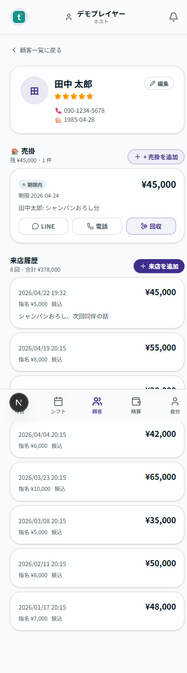 名前・タグ・ランクで整理、来店履歴もまとめ